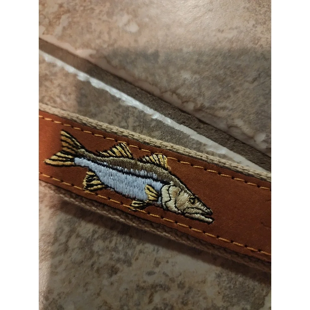 Zep-Pro Mens Fishing Belt Brown Leather Canvas Embroidered Snook Size 42 USA